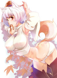 Rule 34 | 1girl, adjusting clothes, adjusting headwear, animal ears, arched back, armpits, ass, bad id, bad pixiv id, breasts, clothes pull, detached sleeves, female focus, hat, impossible clothes, impossible shirt, inubashiri momiji, karochii, large breasts, leaf, leaf background, leaning forward, maple leaf, mouth hold, narrow waist, navel, no pants, open clothes, open shirt, panties, red eyes, ribbon, ribbon in mouth, shirt, short hair, skirt, skirt pull, solo, sweat, tail, tokin hat, touhou, underwear, undressing, white hair, white panties, wolf ears, wolf tail