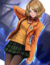 Rule 34 | 1girl, absurdres, ashley graham, blonde hair, blue eyes, blush, brown pantyhose, closed mouth, commentary, english commentary, green skirt, highres, jacket, kuroiitulip, lips, long sleeves, looking at viewer, miniskirt, open clothes, open jacket, pantyhose, pink lips, pleated skirt, red scarf, resident evil, resident evil 4, resident evil 4 (remake), ribbed sweater, scarf, short hair, signature, skirt, smile, solo, sweater, yellow sweater
