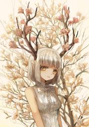 Rule 34 | 1girl, antlers, arms at sides, bare arms, blouse, bob cut, breasts, center frills, commentary request, floral background, flower, frills, high collar, highres, horns, keiko (mitakarawa), lace, lace-trimmed shirt, lace trim, looking at viewer, magnolia, medium breasts, neck ribbon, orange eyes, original, parted lips, pointy ears, ribbon, shirt, short hair, sleeveless, sleeveless shirt, solo, upper body, white hair, white shirt