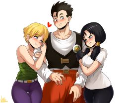 Rule 34 | 1boy, 2girls, arm hug, bare arms, bare shoulders, black gloves, black hair, blonde hair, blue eyes, blush, breasts, cleavage, denim, dragon ball, dragonball z, erasa (dragon ball), fingerless gloves, girl sandwich, gloves, green eyes, gym shorts, highres, jeans, jmg, large breasts, long hair, looking at another, multiple girls, navel, open mouth, pants, sandwiched, scowl, shirt, short hair, shorts, sleeveless, smile, son gohan, strapless, thighs, tomboy, tube top, twintails, videl, white shirt