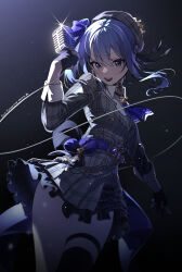 Rule 34 | 1girl, absurdres, belt, beret, black background, black gloves, blue belt, blue hair, blue necktie, breasts, choker, collared shirt, commentary request, dress, fingerless gloves, future cake, gloves, grey eyes, hand up, hat, highres, holding, holding microphone, hololive, hoshimachi suisei, hoshimachi suisei (1st costume), korean commentary, long hair, long sleeves, looking at viewer, microphone, mixed-language commentary, necktie, open mouth, plaid, plaid dress, plaid headwear, shirt, simple background, small breasts, smile, solo, star (symbol), star in eye, symbol in eye, thigh strap, thighs, upper body, upskirt, virtual youtuber