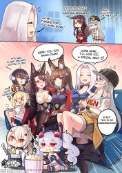 Rule 34 | 6+girls, ^ ^, akagi (azur lane), amagi (azur lane), animal ears, ayanami (azur lane), azur lane, bikini, bikini top only, closed eyes, comic, commentary, eating, english commentary, english text, enterprise (anniversary ride) (azur lane), enterprise (azur lane), food, fox ears, fox tail, hair over one eye, hand on another&#039;s head, heart, highres, hm (hmongt), laffey (azur lane), laffey (retrofit) (azur lane), mikasa (azur lane), multiple girls, own hands together, retrofit (azur lane), school uniform, serafuku, sitting, sitting on lap, sitting on person, swimsuit, tail, thighhighs, yorktown (azur lane)