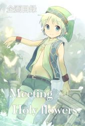 Rule 34 | 1boy, bad id, bad pixiv id, bug, butterfly, dutch angle, elf, english text, forest, gradient background, green eyes, green hair, hat, highres, insect, jewelry, key, looking at viewer, male focus, matching hair/eyes, nature, navel, necklace, outdoors, pointy ears, ruins, short hair, smile, solo, tree, water, yuki (vicious)