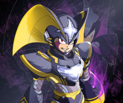 Rule 34 | 1boy, adapted costume, android, armor, bass (mega man), clenched teeth, fang, glowing, helmet, highres, looking at viewer, male focus, manganiac, mega man (classic), mega man (series), mega man 8, purple background, red eyes, simple background, solo, teeth, zoom layer