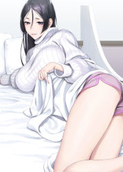 Rule 34 | 1girl, ass, bed, bed sheet, black eyes, black hair, blush, breasts, fate/grand order, fate (series), hair between eyes, highres, hip focus, indoors, large breasts, lavender shorts, long hair, long sleeves, looking at viewer, lying, minamoto no raikou (fate), nakuta, on bed, on side, parted bangs, purple shorts, ribbed sweater, short shorts, shorts, side slit, side slit shorts, smile, solo, sweater, thighs, turtleneck, turtleneck sweater, very long hair, white sweater