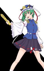 Rule 34 | 1girl, asymmetrical hair, black skirt, blue vest, commentary, epaulettes, feet out of frame, frilled hat, frills, green eyes, green hair, hat, highres, juliet sleeves, kakone, long sleeves, one-hour drawing challenge, open mouth, puffy sleeves, ribbon-trimmed skirt, ribbon trim, rod of remorse, shiki eiki, simple background, skirt, solo, teeth, touhou, two-tone background, upper teeth only, vest, white background, wide sleeves