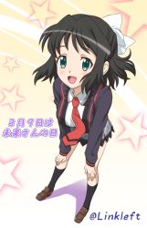 Rule 34 | 1girl, black hair, blush, bow, breasts, commentary request, green eyes, hair bow, kohinata miku, link (aa30), looking at viewer, open mouth, school uniform, senki zesshou symphogear, short hair, smile, solo