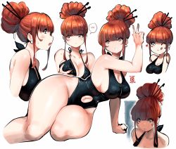 Rule 34 | 1girl, black one-piece swimsuit, blue eyes, blush, breast conscious, grabbing another&#039;s breast, breasts, cleavage, clothing cutout, curvy, earrings, foot out of frame, grabbing, grabbing own breast, hair bun, hair ornament, hair stick, heart, highres, jewelry, kenron toqueen, large breasts, navel, navel cutout, no nose, one-piece swimsuit, one eye closed, original, outline, red hair, sideboob, sidelocks, single hair bun, solo, swimsuit, thick thighs, thighs, tomatita, tongue, tongue out, upper body, white outline, wide hips