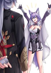 Rule 34 | 1boy, 1girl, :d, absurdres, animal ears, aqua eyes, armpits, arms up, baiheng (honkai: star rail), black gloves, black jacket, breasts, cleavage, commentary request, cup, feet out of frame, fox ears, gloves, grey hair, highres, holding, holding cup, honkai: star rail, honkai (series), jacket, large breasts, long hair, long sleeves, miniskirt, open mouth, pleated skirt, purple hair, pyeong-il pyeongil, shirt, shrug (clothing), simple background, skirt, smile, standing, strapless, strapless shirt, thighs, very long hair, white background, white skirt, yingxing (honkai: star rail)
