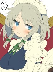 Rule 34 | ..., 1girl, blue eyes, blush, bow, braid, closed mouth, embarrassed, green bow, grey hair, hair bow, iroyopon, izayoi sakuya, long sleeves, looking at viewer, maid, maid headdress, short hair, solo, speech bubble, spoken ellipsis, touhou, twin braids, upper body