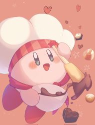 Rule 34 | absurdres, ascot, blue eyes, blush, bowl, candy, chef hat, chocolate, chocolate heart, commentary, dessert, food, hat, heart, highres, holding, holding bowl, holding spatula, kirby, kirby (series), mixing bowl, nintendo, no humans, open mouth, pudding, simple background, solo, spatula, star (symbol), vul3hl0smteyk1z