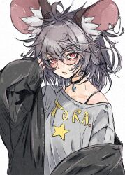 Rule 34 | 1girl, animal ears, bespectacled, black jacket, blush, clothes writing, deal360acv, glasses, grey hair, grey shirt, highres, jacket, jewelry, long sleeves, mouse ears, nazrin, open mouth, pendant, red eyes, round eyewear, shirt, short hair, simple background, solo, touhou, upper body, white background