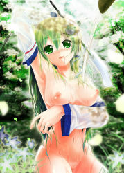 Rule 34 | 1girl, armpits, breasts, cowboy shot, detached sleeves, female focus, frog, green eyes, green hair, hair in own mouth, hair ornament, highres, kochiya sanae, large breasts, long hair, matching hair/eyes, mouth hold, nipples, nude, porurin (do-desho), pussy, snake, solo, touhou, uncensored, water, wet