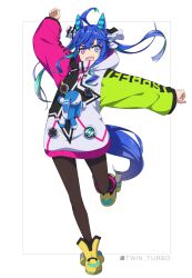 Rule 34 | 1girl, :d, @ @, absurdres, ahoge, animal ears, aqua hair, arm up, blue eyes, blue hair, boots, bow, brown pantyhose, character name, clothes writing, commentary, crossed bangs, curled fingers, drawstring, full body, hair bow, heterochromia, highres, hood, hoodie, horse ears, horse girl, horse tail, leg up, long hair, long sleeves, looking at viewer, minowa sukyaru, multicolored clothes, multicolored hair, multicolored hoodie, open mouth, outstretched arm, pantyhose, purple eyes, sharp teeth, sidelocks, simple background, smile, solo, standing, standing on one leg, striped, striped bow, stuffed animal, stuffed rabbit, stuffed toy, tail, teeth, twin turbo (umamusume), twintails, two-tone hair, umamusume, upper teeth only, white background, yellow footwear