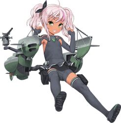 Rule 34 | 1girl, ahoge, armpits, arms up, black gloves, black one-piece swimsuit, black shorts, black thighhighs, boots, bow, comandante cappellini (kancolle), dark-skinned female, dark skin, elbow gloves, fingerless gloves, full body, gloves, green bow, green eyes, grin, hair bow, jiji (aardvark), kantai collection, long hair, looking at viewer, multicolored hair, official art, one-piece swimsuit, parted lips, pink hair, rigging, shorts, smile, solo, streaked hair, swimsuit, tan, thigh boots, thighhighs, transparent background, twintails, uit-24 (kancolle)
