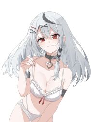 Rule 34 | 1girl, belt collar, black hair, bra, braid, breasts, collar, collarbone, cowboy shot, dreamoon, greyscale, hair ornament, hairclip, highres, hololive, large breasts, leaning to the side, long hair, monochrome, multicolored hair, panties, red eyes, sakamata chloe, side braid, simple background, smile, solo, two-tone hair, underwear, virtual youtuber, white background, white bra, white panties