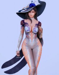 Rule 34 | 1girl, 3d, alternate costume, arm cutout, artist name, black hair, black nails, breasts, bridal gauntlets, choker, cleavage, closed mouth, clothing cutout, cowboy shot, dress, earrings, final fantasy, final fantasy vii, final fantasy vii remake, hat, highres, jewelry, large breasts, leg cutout, lips, long hair, long sleeves, looking at viewer, navel, raidenwgt, red eyes, revealing clothes, ring, simple background, single earring, single sidelock, solo, square enix, swept bangs, thighs, tifa lockhart, wide hips