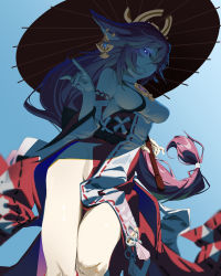 Rule 34 | 1girl, absurdres, animal ears, bare shoulders, blue background, blue eyes, blue gemstone, blue sky, blurry, blurry background, bright pupils, convenient censoring, detached sleeves, earrings, fingernails, fox shadow puppet, gem, genshin impact, glowing, glowing eyes, hair between eyes, highres, holding, holding umbrella, jewelry, long fingernails, long hair, mitsuki3s kir, nail polish, oil-paper umbrella, outdoors, over shoulder, pink hair, purple nails, shiny skin, sky, slit pupils, solo, tassel, umbrella, very long hair, vision (genshin impact), white pupils, wide sleeves, yae miko