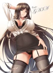 Rule 34 | 1girl, arm up, artist name, black bra, black hair, black panties, black thighhighs, bra, breasts, collarbone, covered erect nipples, frilled shirt, frills, gaia (lioreo), garter straps, gluteal fold, greek mythology, green eyes, grin, highres, lace, lace-trimmed bra, lace-trimmed legwear, lace-trimmed panties, lace trim, large breasts, lioreo, lips, long hair, looking at viewer, panties, parted bangs, parted lips, pencil skirt, shirt, signature, skindentation, skirt, sleeves rolled up, smile, solo, thighhighs, thighs, underwear, very long hair