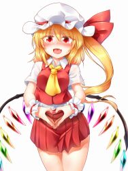 Rule 34 | 1girl, alternate breast size, ascot, blonde hair, blush, breasts, buttons, collared shirt, cowboy shot, crystal, dress shirt, fang, fangs, flandre scarlet, hair between eyes, hat, hat ribbon, heart, heart hands, highres, long hair, marukyuu ameya, medium breasts, miniskirt, mob cap, multicolored wings, nail polish, nose blush, pussy juice, red eyes, red nails, red ribbon, red skirt, red vest, ribbon, shirt, short sleeves, simple background, skin fang, skirt, solo, touhou, vest, white background, white shirt, wings, wrist cuffs, yellow ascot