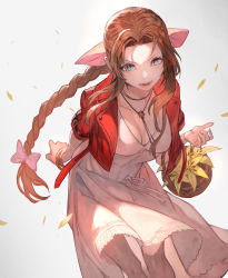 Rule 34 | 1girl, aerith gainsborough, bolo tie, bow, bracelet, braid, braided ponytail, breasts, brown hair, cleavage, cropped legs, dress, final fantasy, final fantasy vii, final fantasy vii remake, flower basket, green eyes, hair bow, highres, jacket, jewelry, lack, leaning forward, looking at viewer, open mouth, pink dress, red jacket, simple background, smile, solo