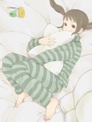 Rule 34 | bad id, bad pixiv id, barefoot, brown eyes, brown hair, cellphone, feet, mosuko, hugging object, pajamas, phone, pillow, pillow hug, solo, twintails