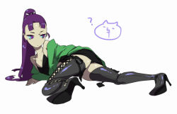Rule 34 | ?, bad id, bad pixiv id, boots, dress, high heel boots, high heels, looking back, lying, numeri, original, ponytail, purple eyes, purple hair, shoes, solo, thigh boots, thighhighs, tunic, zettai ryouiki