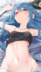 Rule 34 | 1girl, absurdres, armpits, blue hair, blush, breasts, collarbone, food, fruit, highres, hinanawi tenshi, leaf, long hair, looking at viewer, lying, navel, on back, peach, red eyes, shirt, short sleeves, small breasts, solo, stomach, sweat, touhou, tsune (tune), very long hair