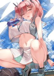 Rule 34 | 1girl, 7gao, azur lane, bag, bare shoulders, bottle, breasts, breath, bremerton (azur lane), bremerton (scorching-hot training) (azur lane), chain-link fence, crop top, crop top overhang, covered erect nipples, fence, grey panties, highres, holding, large breasts, long hair, looking at viewer, midriff, miniskirt, multicolored hair, navel, panties, pleated skirt, red eyes, red hair, shirt, shoes, skirt, sleeveless, sleeveless shirt, sneakers, solo, squatting, stomach, sweat, sweatband, thighs, tongue, tongue out, twintails, two-tone hair, underboob, underwear, white shirt, white skirt