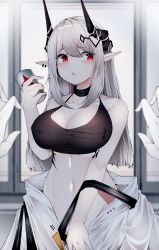 Rule 34 | 1girl, absurdres, arknights, bare arms, bare shoulders, black choker, blush, breasts, can, choker, cleavage, collarbone, commentary, covering crotch, covering privates, cowboy shot, crop top, hand up, highres, holding, holding can, horns, large breasts, long hair, looking to the side, material growth, midriff, mudrock (arknights), mudrock (elite ii) (arknights), navel, oripathy lesion (arknights), parted lips, pointy ears, pov, red eyes, samip, silver hair, solo focus, sports bra, stomach