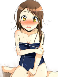 Rule 34 | 10s, 1girl, brown eyes, brown hair, cla (torinabe), clothes pull, competition school swimsuit, flying sweatdrops, highres, nisekoi, one-piece swimsuit, one-piece swimsuit pull, onodera kosaki, school swimsuit, short hair, sitting, solo, sweat, swimsuit, wariza