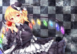 Rule 34 | 1girl, :p, alternate costume, apple, asymmetrical hair, black dress, black ribbon, blonde hair, blush, bow, checkered background, dress, flandre scarlet, food, fruit, glowing, glowing wings, gothic lolita, hat, hat ribbon, holding, holding food, holding fruit, layered dress, lolita fashion, long sleeves, looking at viewer, mimi (mimi puru), neck ribbon, puffy long sleeves, puffy sleeves, red apple, red eyes, ribbon, short hair, side ponytail, smile, solo, tongue, tongue out, touhou, white bow, wide sleeves, wings