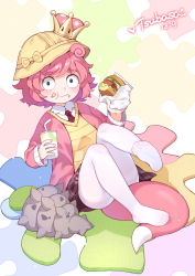 Rule 34 | 1girl, :t, artist name, bendy straw, blue eyes, blush, brown skirt, burger, closed mouth, collared shirt, commentary request, conch, creatures (company), crown, cup, disposable cup, drinking straw, eating, food, food on face, game freak, gen 1 pokemon, hat, highres, holding, holding food, jacket, looking at viewer, mario (series), mini crown, necktie, new super mario bros. u deluxe, nintendo, no shoes, open clothes, open jacket, panties, panties under pantyhose, pantyhose, personification, pink hair, pink jacket, plaid, plaid skirt, pokemon, puzzle piece, red necktie, school hat, see-through, shell, shirt, signature, sitting, skirt, slowbro, slowpoke, soles, solo, spiked shell, super crown, sweater vest, tail, thick eyebrows, tilted headwear, tsubasa tsubasa, underwear, white panties, white pantyhose, white shirt, wide-eyed, yellow hat