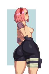 Rule 34 | 1girl, absurdres, artist request, ass, ass focus, boruto: naruto next generations, breasts, haruno sakura, highres, mature female, medium breasts, naruto, naruto (series), nipples, pink hair, sexually suggestive, short hair, shorts, solo, solo focus, topless