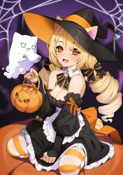 Rule 34 | 1girl, absurdres, animal, animal ears, apron, bare shoulders, bell, blonde hair, blush, bow, breasts, candy, cat, detached sleeves, dress, ett, fingernails, food, ghost, halloween, halloween costume, hat, highres, kneeling, large breasts, long hair, looking at viewer, nails, open mouth, orange thighhighs, original, pumpkin, purple background, sharp fingernails, silk, skirt, smile, spider web, thighhighs, twintails, witch, witch hat, yellow eyes