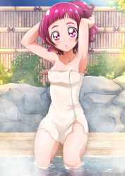 Rule 34 | 10s, 1girl, armpits, arms up, blunt bangs, blush, breasts, collarbone, covered erect nipples, hands in hair, hanzou, highres, hugtto! precure, looking at viewer, naked towel, nono hana, onsen, open mouth, outdoors, ponytail, precure, red eyes, red hair, shiny skin, sitting, small breasts, soaking feet, solo, towel, water, white towel