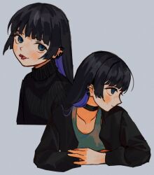 Rule 34 | 1girl, aqua eyes, black cardigan, black choker, black hair, black sweater, blunt bangs, bocchi the rock!, cardigan, chin piercing, choker, colored inner hair, dress, ear piercing, forked tongue, goth fashion, grey dress, hime cut, io (onisarashi), long hair, long sleeves, looking at viewer, looking to the side, multicolored hair, open cardigan, open clothes, own hands together, pa-san, piercing, sweater, tongue, tongue out