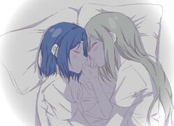 2girls adachi_sakura adachi_to_shimamura bed_sheet blue_hair closed_eyes commentary_request from_above grey_hair highres holding_hands interlocked_fingers light_blush long_hair long_sidelocks miikoko multiple_girls on_bed pillow shimamura_hougetsu shirt short_hair short_sleeves sidelocks sleeping upper_body white_shirt yuri