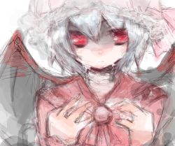 Rule 34 | 1girl, bad id, bad pixiv id, female focus, hat, i chi, ichi (antonym), lowres, red eyes, remilia scarlet, solo, touhou, upper body, white background, wings