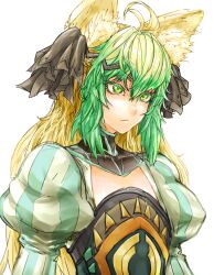 Rule 34 | 1girl, ahoge, animal ear fluff, animal ears, atalanta (fate), blonde hair, closed mouth, fate/grand order, fate (series), green eyes, green hair, hair ornament, highres, inaka blade, juliet sleeves, long sleeves, looking ahead, puffy sleeves, serious, sidelocks, simple background, solo, striped sleeves, upper body, white background