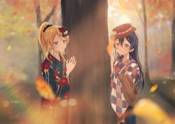 Rule 34 | 2girls, autumn leaves, ayase eli, blonde hair, blue eyes, blue hair, blush, bow, commentary request, falling leaves, floral print, flower, hair bow, hair flower, hair ornament, hat, highres, japanese clothes, kimono, leaf, long hair, love live!, love live! school idol project, multiple girls, outdoors, ponytail, smile, sonoda umi, suito, swept bangs, tree, wide sleeves, yellow eyes