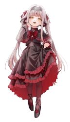 Rule 34 | 1girl, atagumo yuba, black dress, bow, bowtie, choker, dress, fangs, fingernails, flat chest, flower, footwear flower, full body, grey hair, hair ribbon, headpiece, high heels, highres, long fingernails, long hair, long sleeves, non-web source, open mouth, original, pantyhose, pointy ears, red bow, red bowtie, red dress, red flower, red rose, ribbon, rose, skirt hold, solo, teeth, tongue, tongue out, transparent background, twintails, two-tone dress, vampire, yellow eyes