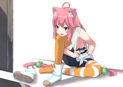 Rule 34 | 1girl, ahoge, animal ear fluff, animal ears, asymmetrical legwear, bad id, bad pixiv id, bare arms, bike shorts, black shorts, blue eyes, blush stickers, boots, cat ears, commentary request, controller, fangs, game controller, hair bobbles, hair ornament, head on knee, highres, hinata channel, holding, long hair, looking away, low twintails, mismatched legwear, nekomiya hinata, no bra, open mouth, orange thighhighs, pink hair, playing games, shirt, shoes, short shorts, shorts, single boot, single shoe, sitting, solo, striped clothes, striped thighhighs, tank top, thighhighs, tsukiman, twintails, unworn boots, v-shaped eyebrows, very long hair, virtual youtuber, white background, white footwear, white shirt