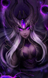 Rule 34 | 1girl, armor, breasts, cleavage, cleavage cutout, clothing cutout, colored skin, diadem, glowing, glowing eyes, large breasts, league of legends, light trail, long hair, looking at viewer, matilda fiship, pale skin, purple armor, purple background, purple eyes, purple skin, smile, solo, syndra, tagme, white hair