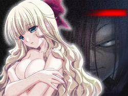 Rule 34 | 1boy, 1girl, angry, areola slip, blonde hair, blue eyes, blush, bow, breast hold, breasts squeezed together, breasts, cleavage, close-up, covering privates, covering breasts, crossed arms, embarrassed, game cg, hair bow, hair over one eye, hell guide, kiriyama ai, large breasts, long hair, looking down, m no violet, open mouth, red hair, santa matsuri, smile, very long hair, wavy hair