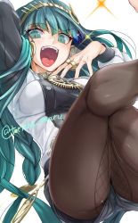 Rule 34 | 1girl, blunt bangs, braid, breasts, cleopatra (fate), commentary request, earrings, facial mark, fate/grand order, fate (series), fingernails, green eyes, green hair, green nails, hairband, hoop earrings, jewelry, long hair, medium breasts, nail polish, necklace, open mouth, pantyhose, ring, shorts, solo, thighs, torichamaru, twitter username, very long hair