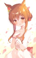 Rule 34 | 1girl, animal ears, bare shoulders, blush, bow, brown eyes, brown hair, collarbone, commentary request, dress, flower, gloves, hair between eyes, hair bun, hair flower, hair ornament, highres, horse ears, horse girl, jewelry, long hair, looking at viewer, mayano top gun (sunlight bouquet) (umamusume), mayano top gun (umamusume), orange eyes, orange hair, parted lips, petals, red bow, red flower, ring, shiratama (shiratamaco), sidelocks, single hair bun, smile, solo, strapless, strapless dress, tears, umamusume, upper body, wedding band, white dress, white gloves