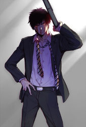 Rule 34 | 1boy, aged down, bad id, bad pixiv id, bag, belt, black hair, blood, blood on clothes, blood on face, briefcase, changye, collared shirt, cowboy shot, dress shirt, hand on own hip, holding, holding bag, jacket, long sleeves, looking at viewer, loose necktie, male focus, manly, necktie, one-punch man, pants, saitama (one-punch man), shirt, solo, striped necktie, striped neckwear, underwear, white shirt