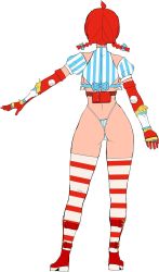 Rule 34 | 1girl, armor, ass, bare hips, belt pouch, bow, braid, elbow gloves, elbow pads, from behind, full body, gloves, greaves, hair bow, highleg, highleg panties, highres, nisetanaka, panties, pouch, product girl, red hair, shirt, shoes, solo, standing, striped clothes, striped shirt, striped thighhighs, thighhighs, twin braids, underwear, vambraces, wendy&#039;s, wendy (wendy&#039;s), white background