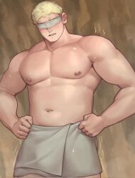 Rule 34 | 1boy, bara, barra.kun.7, blindfold, blonde hair, blush, covered eyes, dungeon meshi, laios touden, large pectorals, male focus, muscular, muscular male, pectorals, short hair, simple background, solo, towel, towel around waist, white blindfold